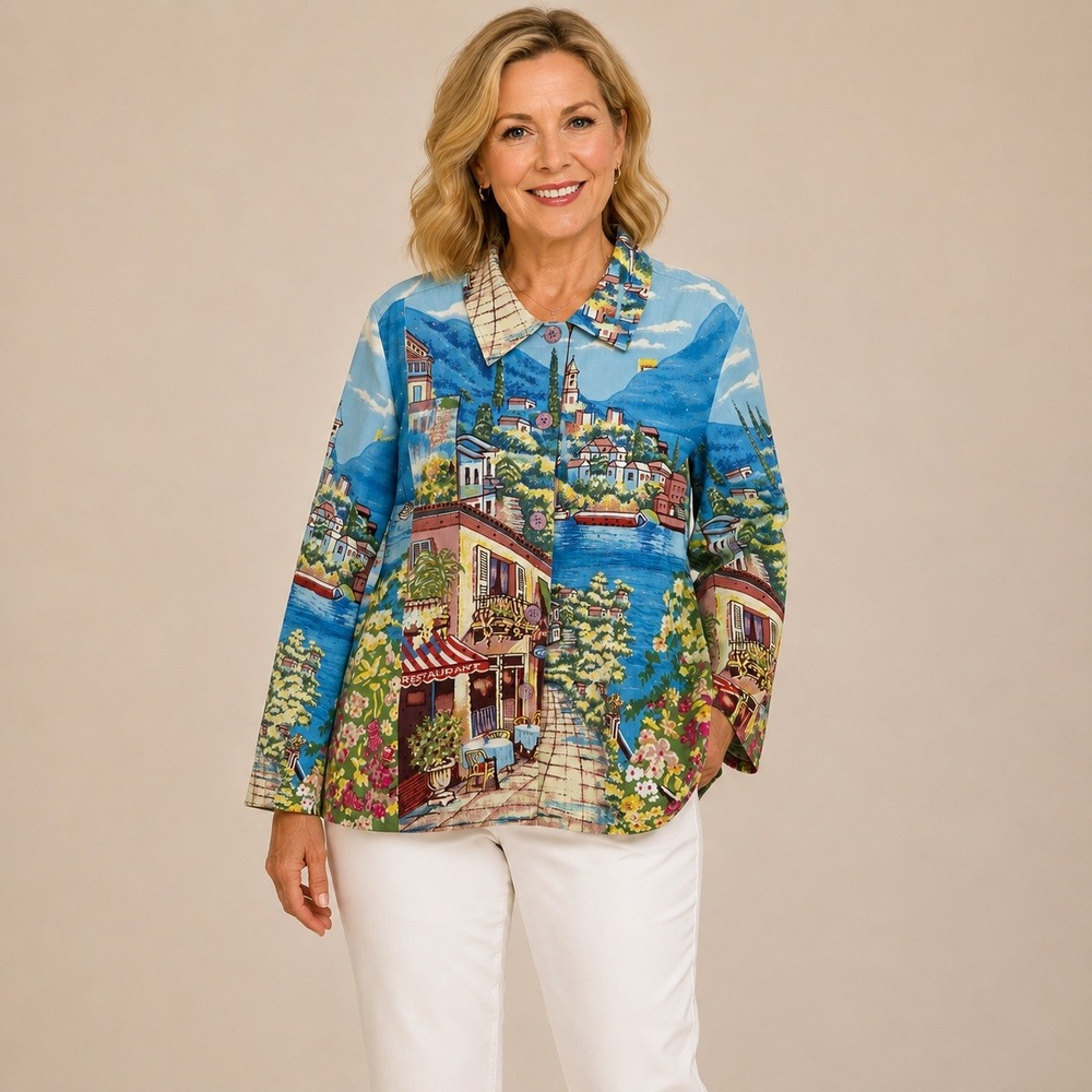 Vintage Keren Hart XL Scenic Italian Village Sequin Beaded Art to Wear Jacket